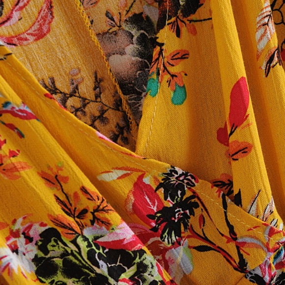 Bohemian Mustard Yellow Floral Print Batwing Festival Dress - Picture 4 of 9